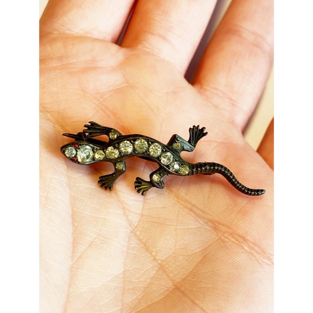 Vintage Sterling Silver Lizard Brooch with Clear Crystal Accents and Red Eyes